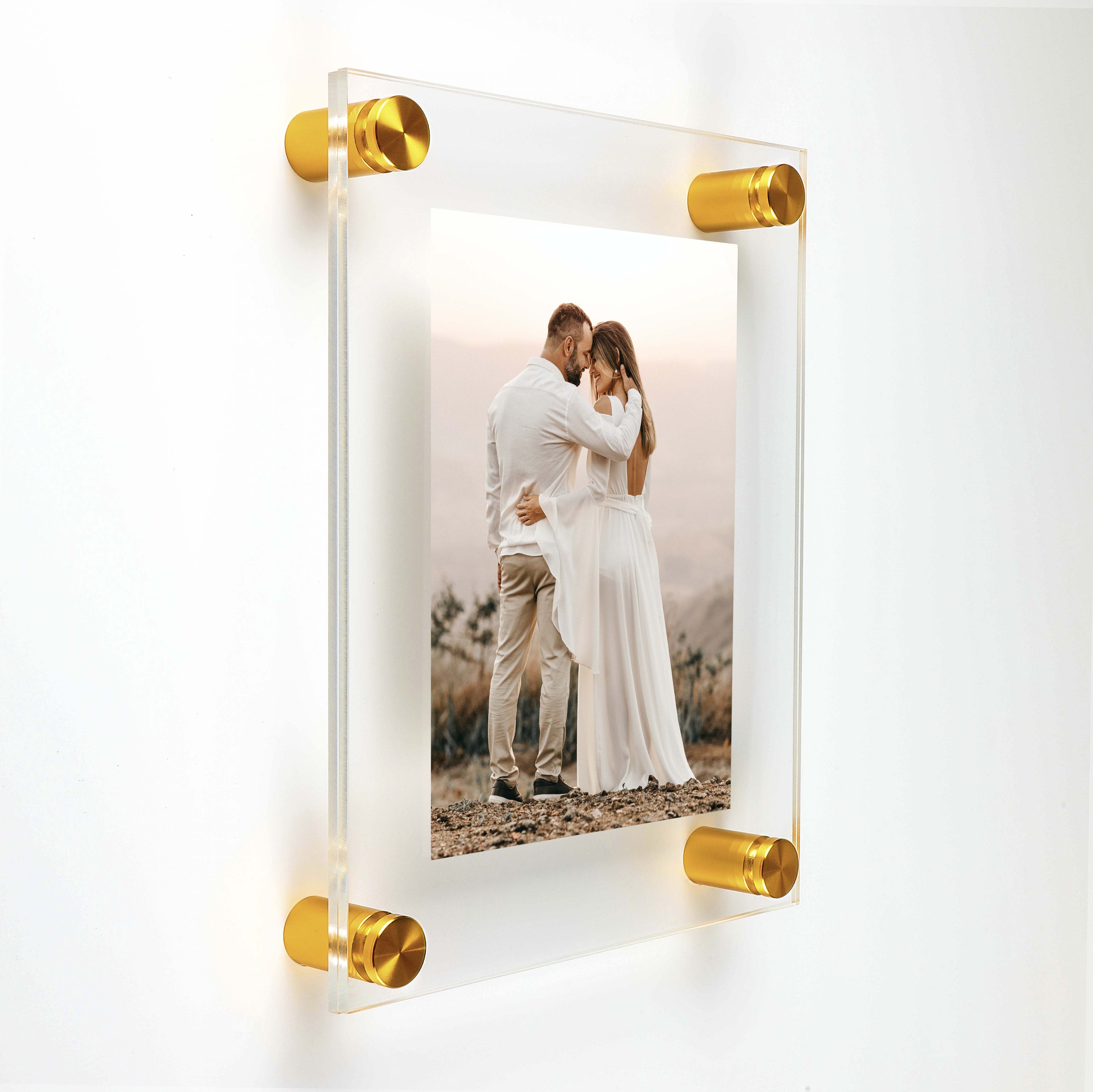 (2) 13-1/2'' x 16-1/2'' Clear Acrylics , Pre-Drilled With Polished Edges (Thick 1/8'' each), Wall Frame with (4) 5/8'' x 3/4'' Gold Anodized Aluminum Standoffs includes Screws and Anchors